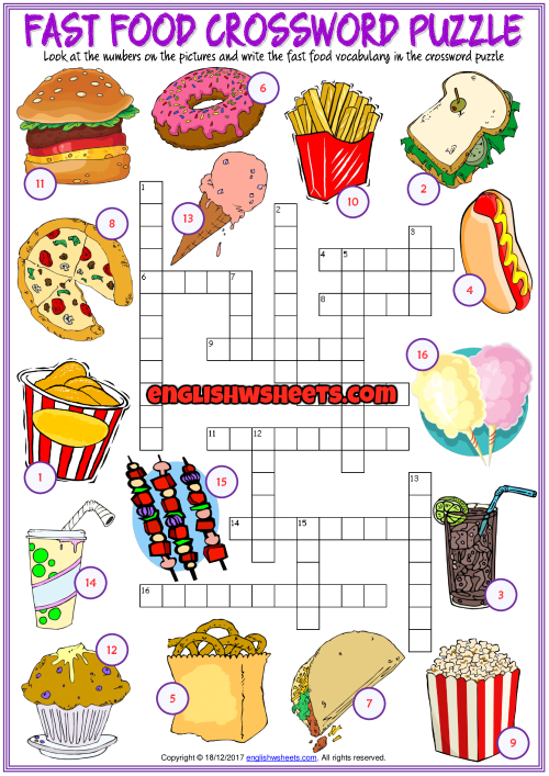 Fast Food Crossword Puzzle ESL Printable Worksheet