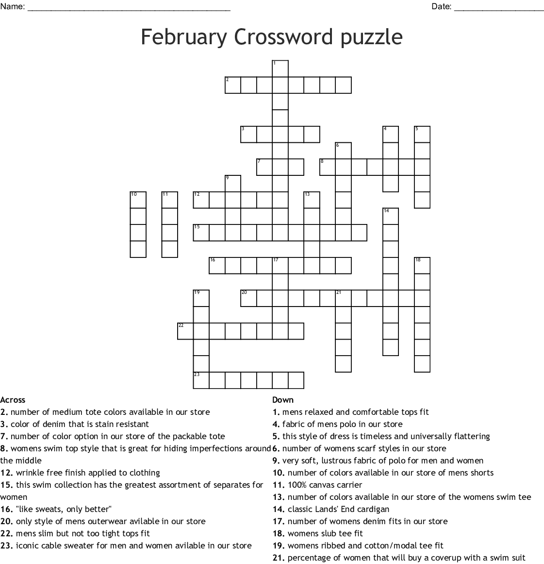 Feburary Daily Printable Crossword Puzzles