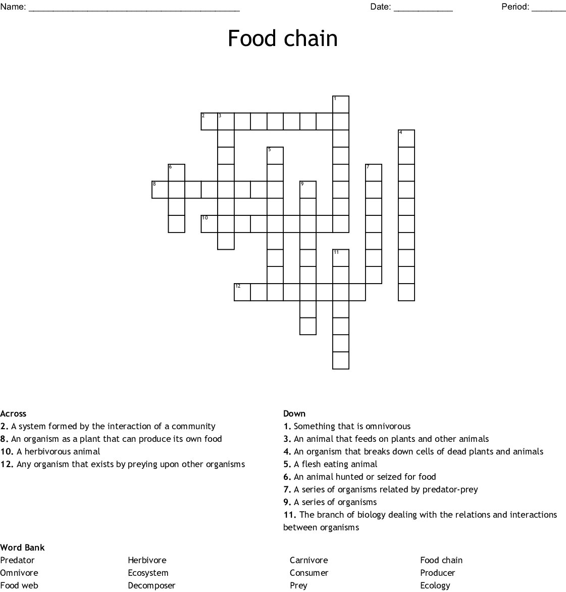 Printable Food Chain Crossword Puzzle