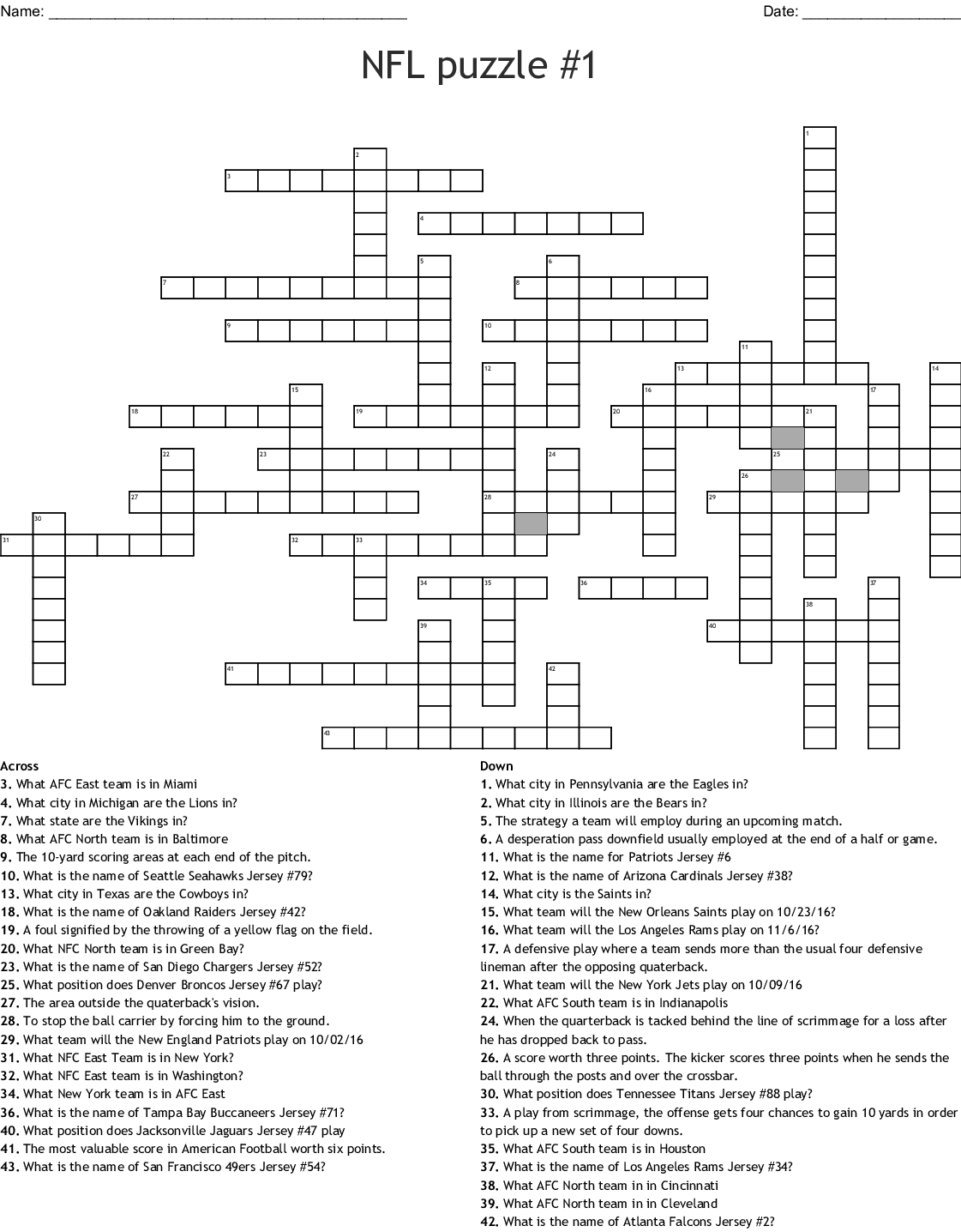 Nfl Teams Crossword Puzzle Printable