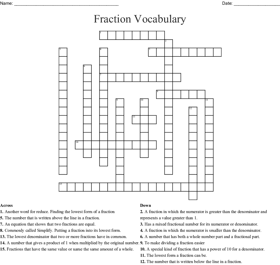 Printable Fraction Crossword Puzzle