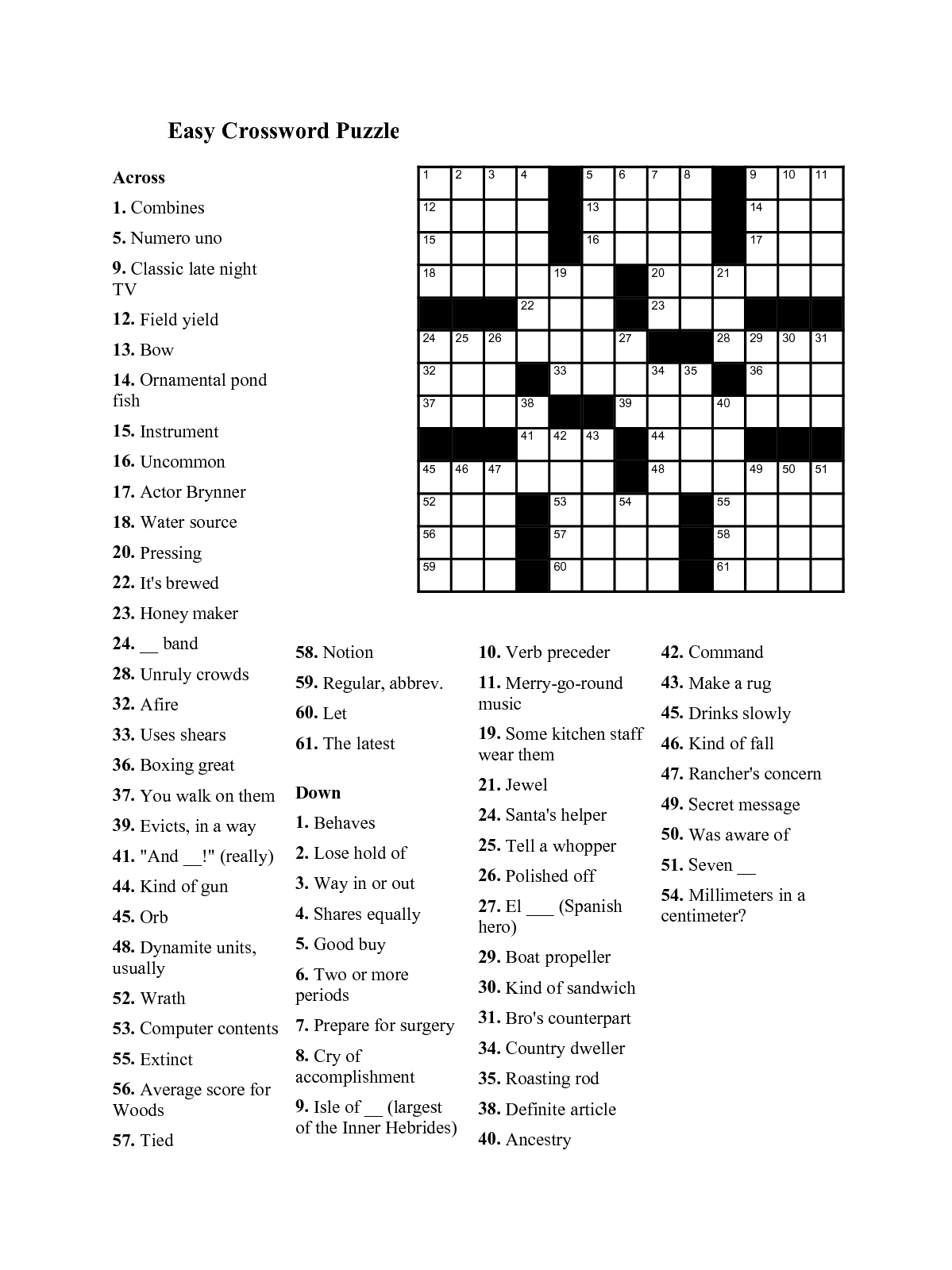 Printable Crossword Puzzles Free Easy