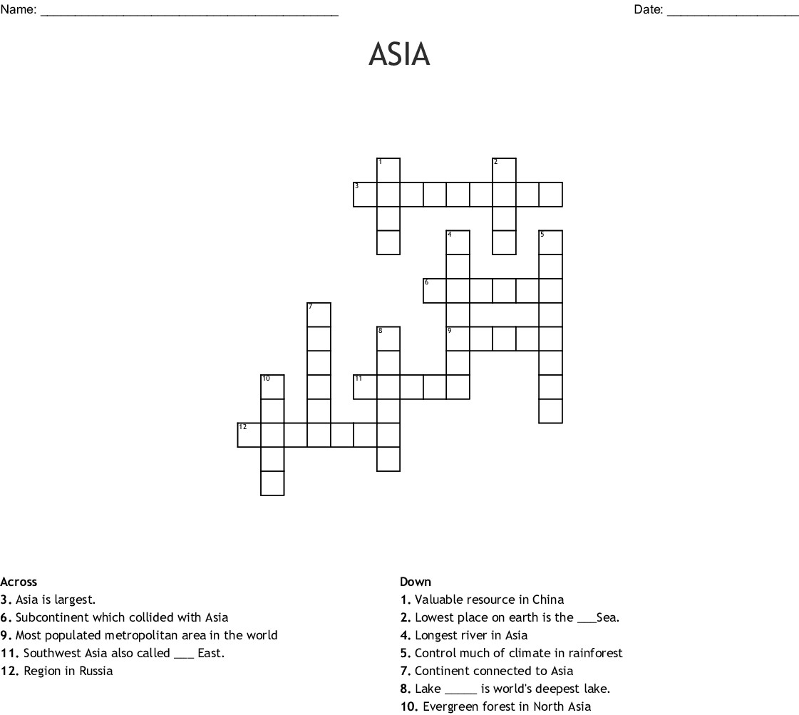 Geography Of Asia Crossword Puzzle Printable