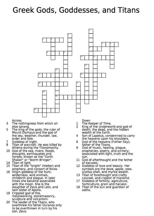Printable Crossword Puzzle Greek Gods