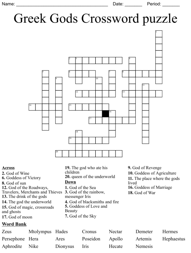 Greek Gods Crossword Puzzle WordMint