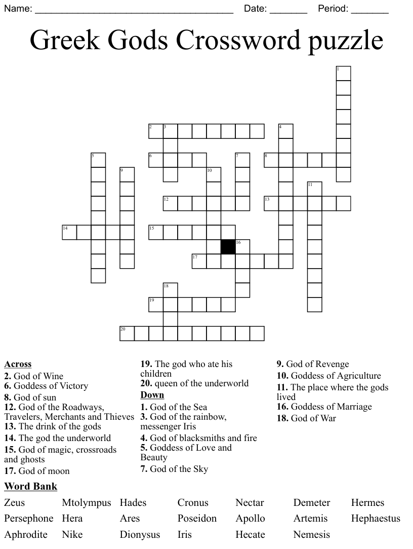 Printable Crossword Puzzle Greek Gods