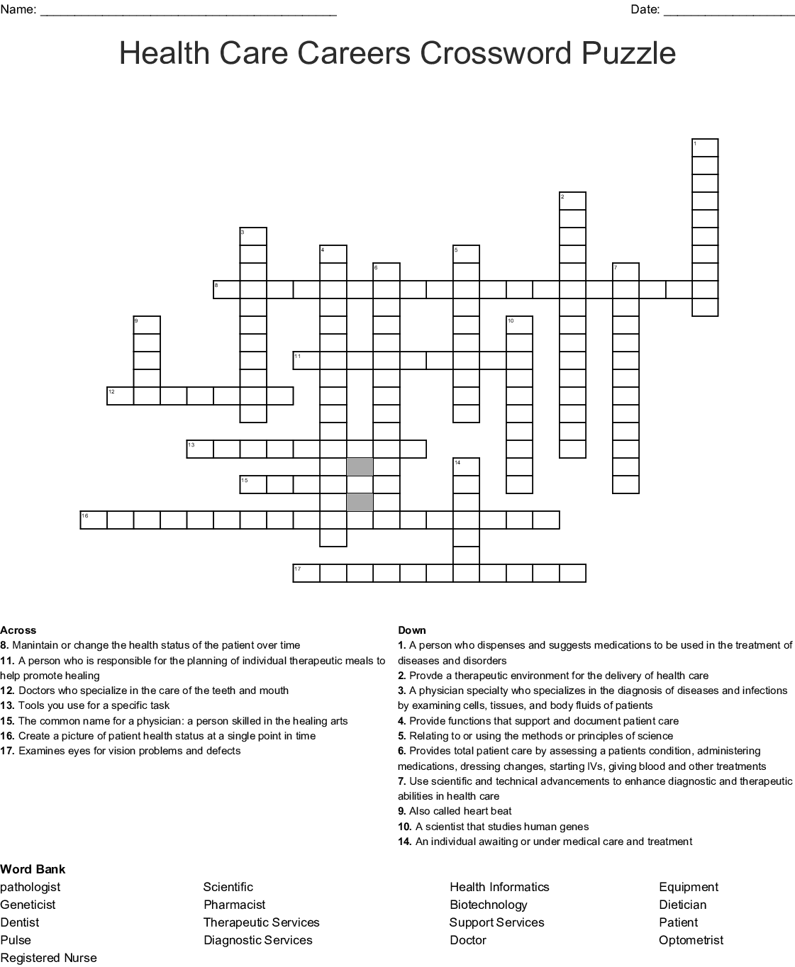 Printable Healthcare Crossword Puzzles