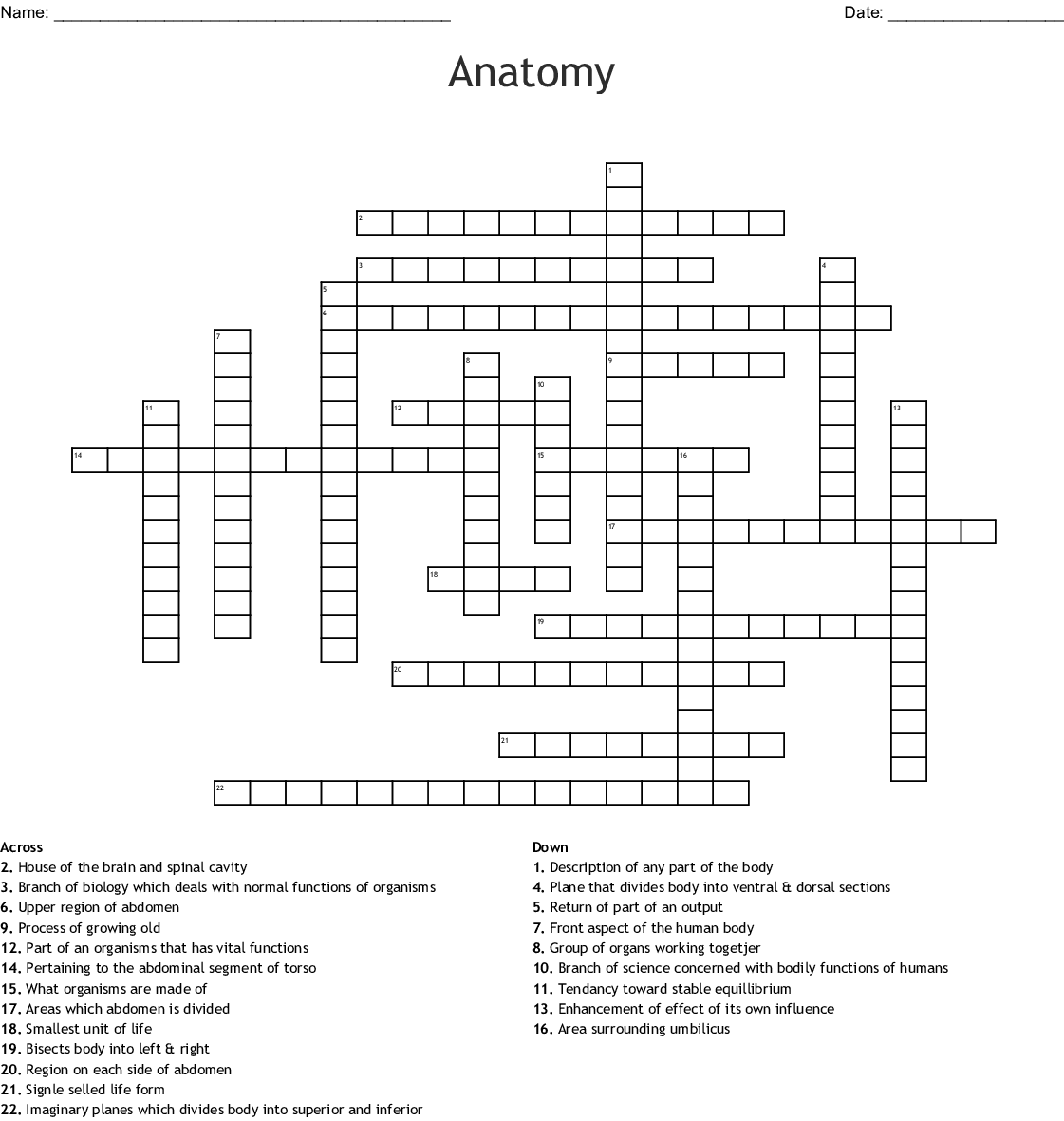 Free Printable Anatomy Crossword Puzzles