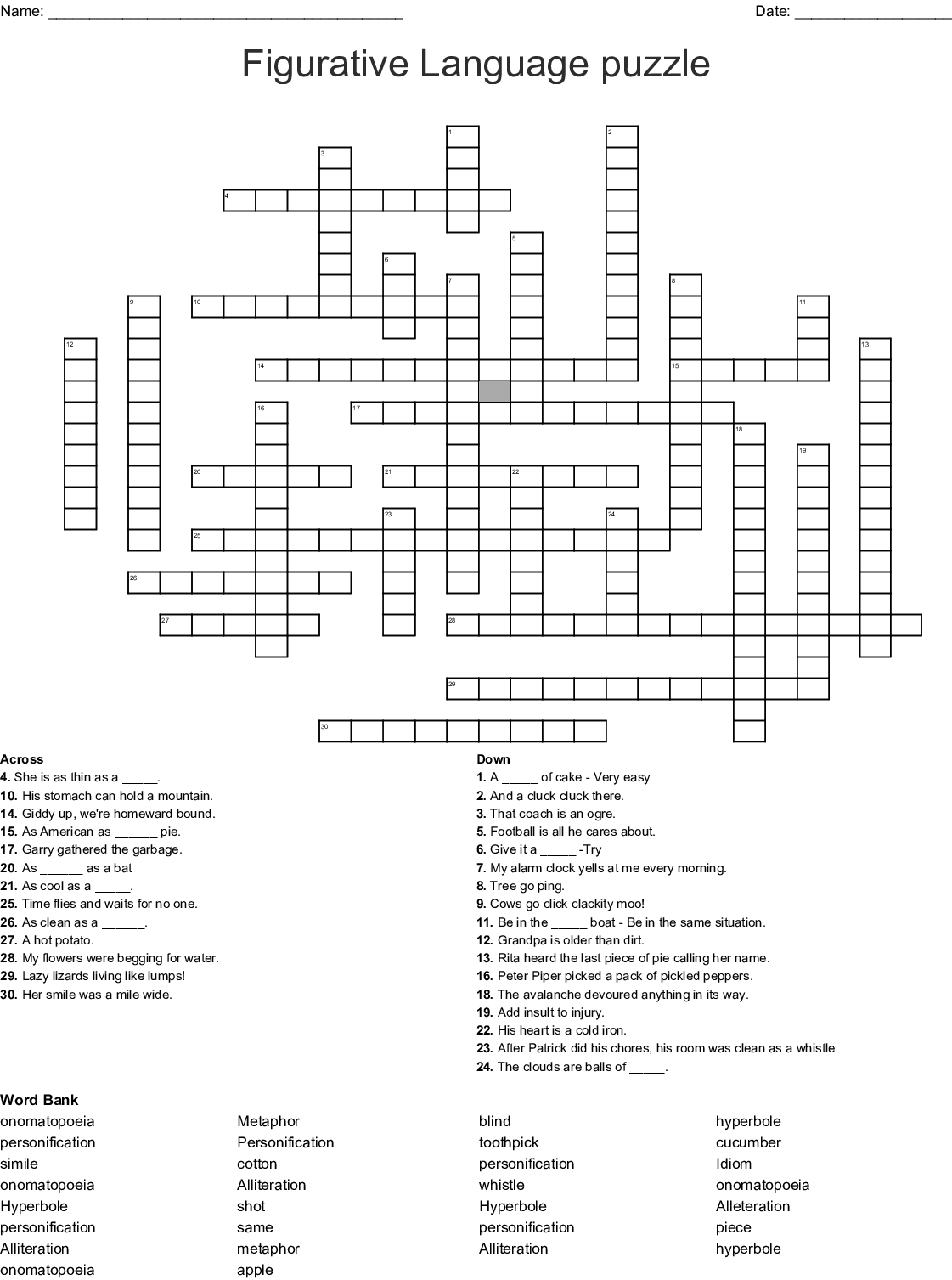Free Printable Figurative Language Crossword Puzzle