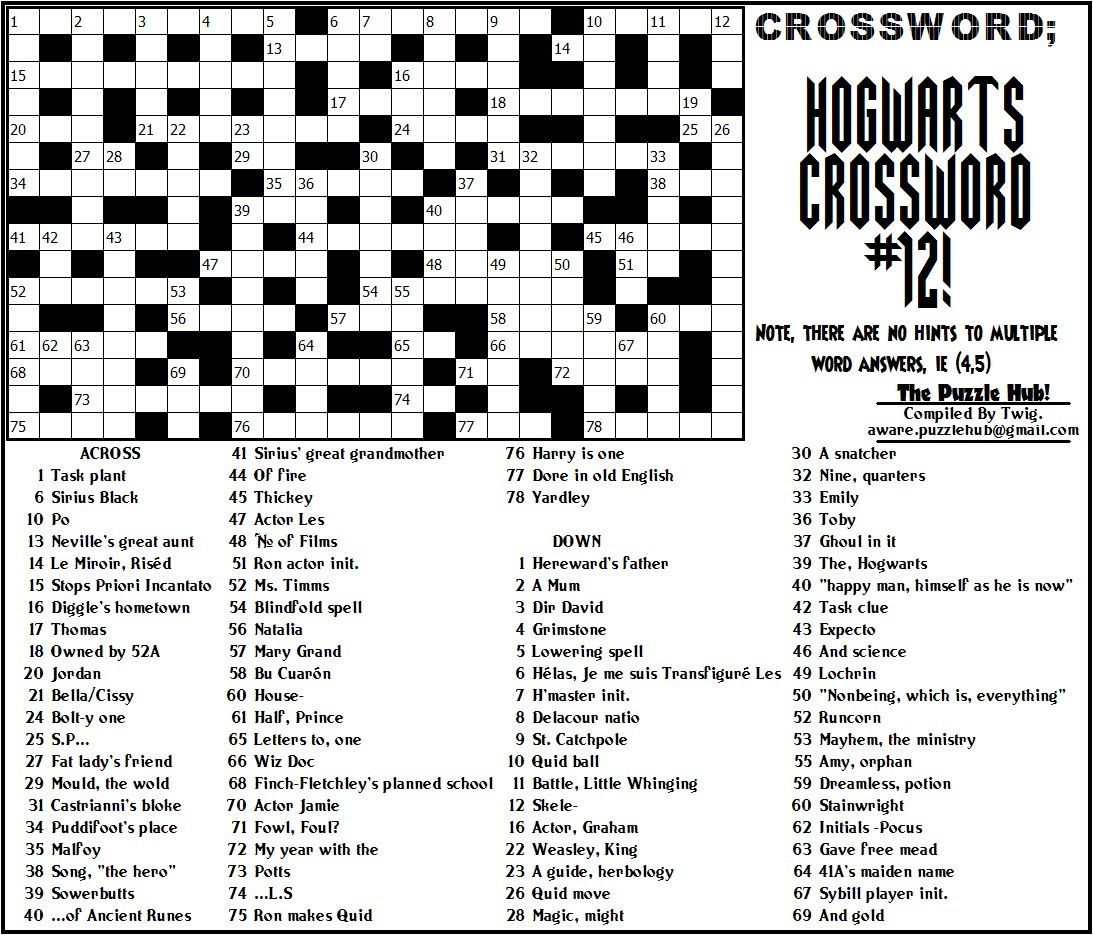 Crossword Puzzles Harry Potter Printable