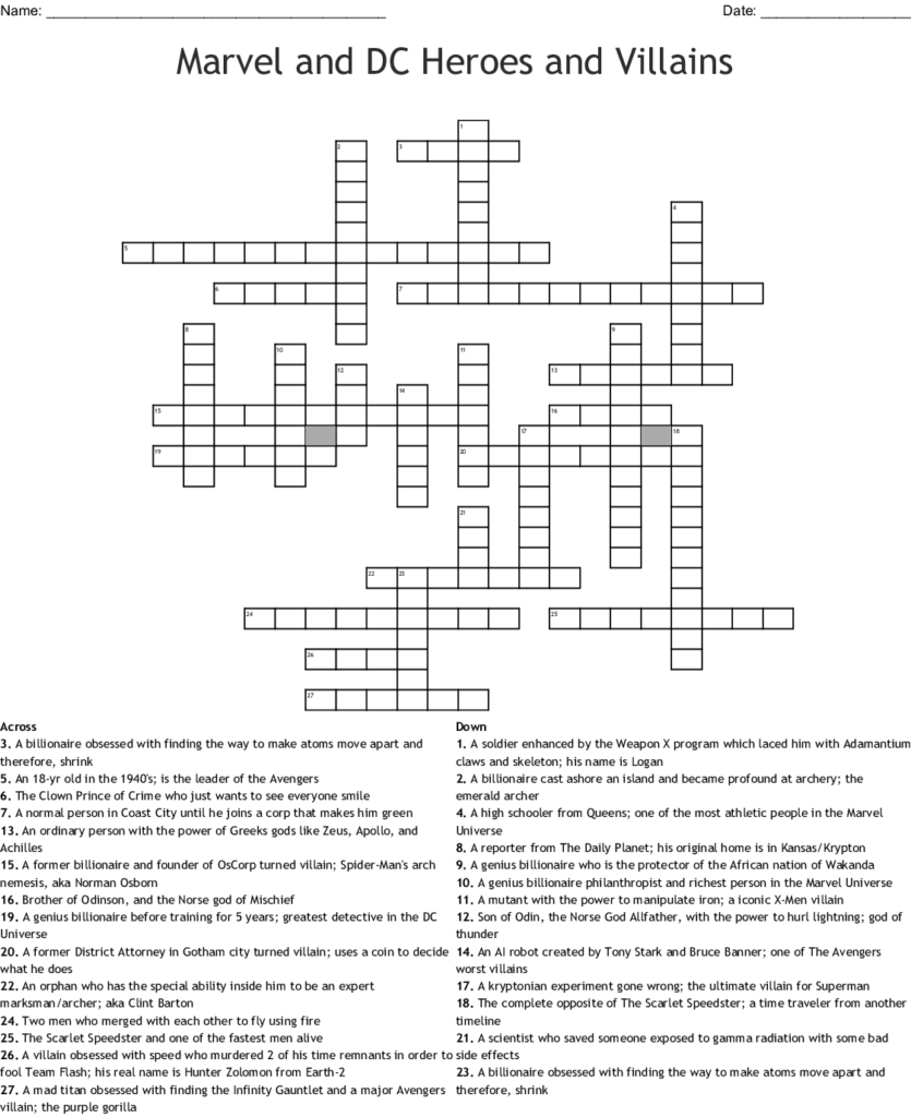 Marvel Crossword Puzzle WordMint