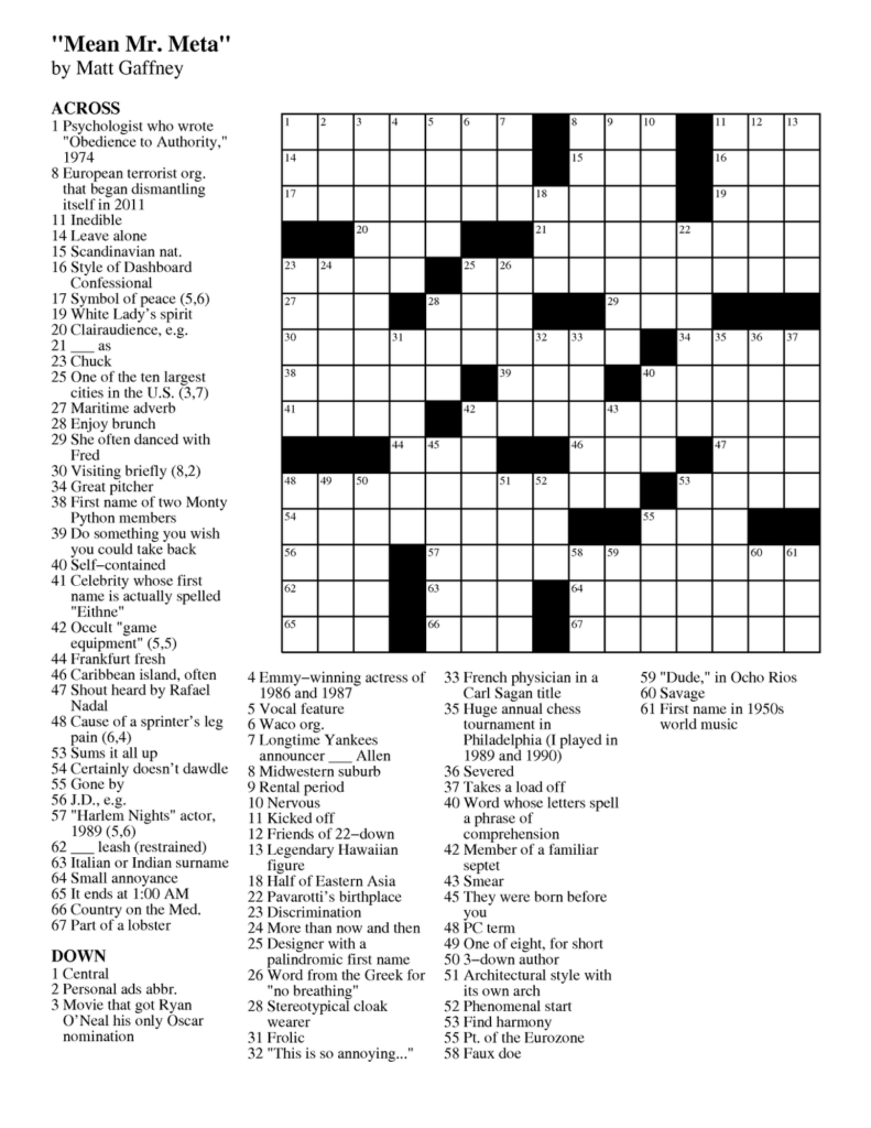 Matt Gaffney S Weekly Crossword Contest MGWCC 174