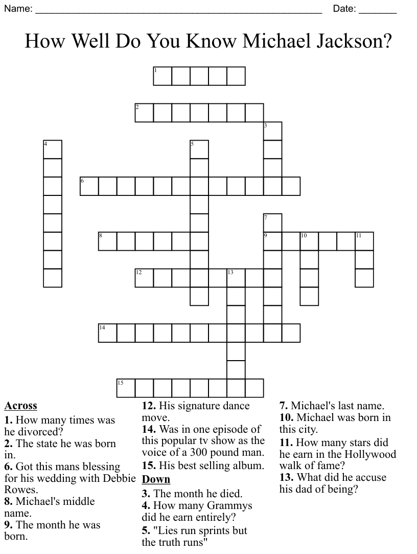 Michael Jackson Crossword Puzzle Printable