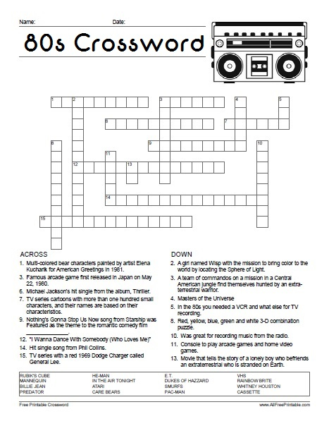 80s Pop Culture Crossword Puzzle Printable