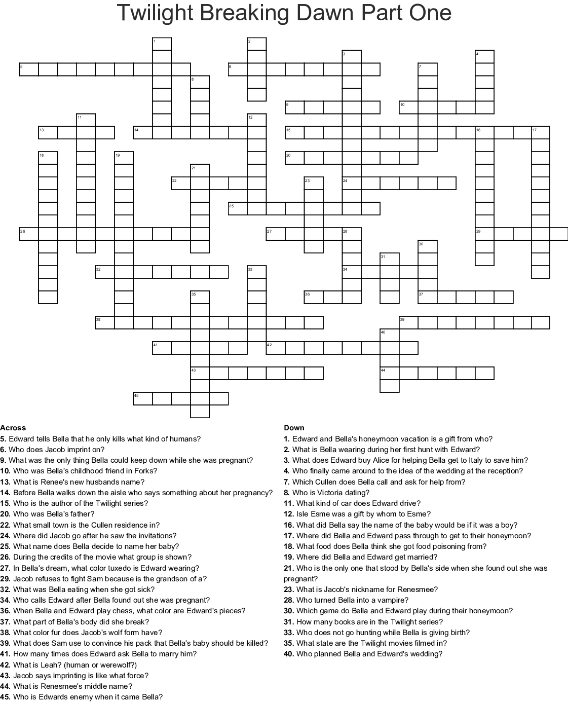 Twilight Saga Crossword Puzzles Printable
