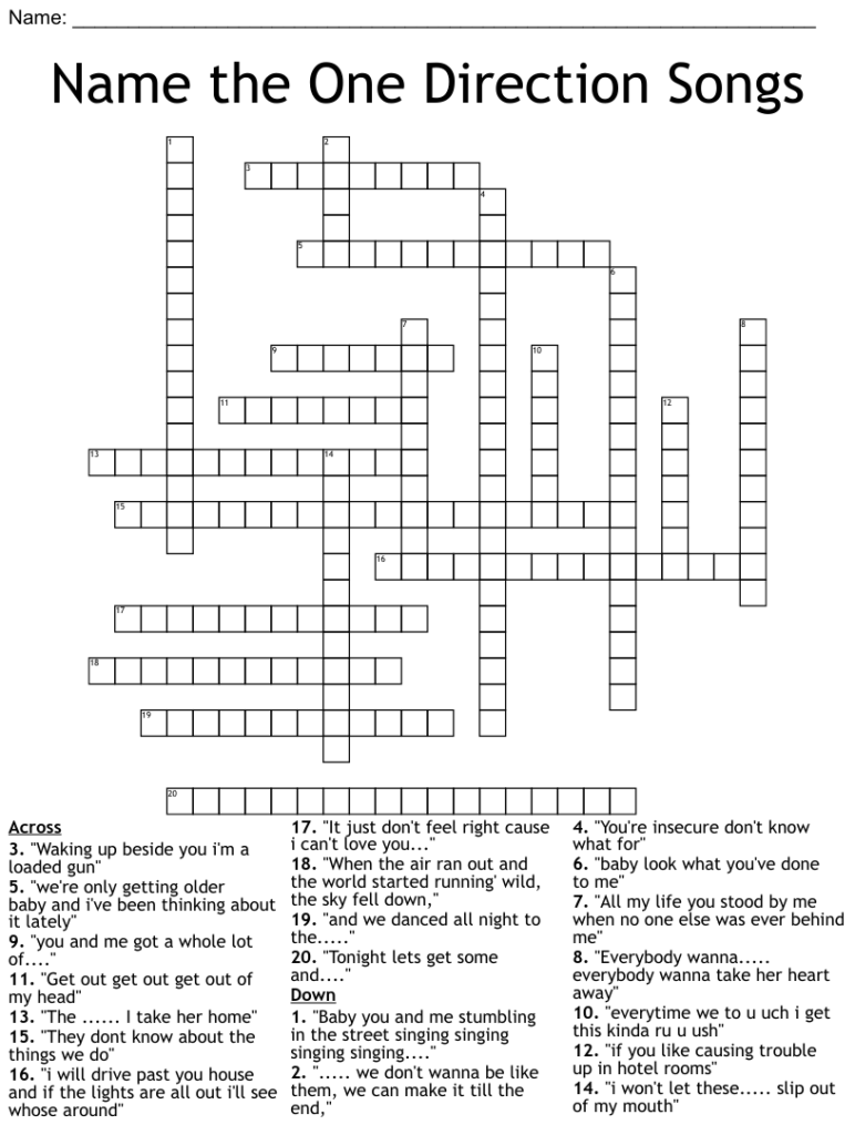 Name The One Direction Songs Crossword WordMint
