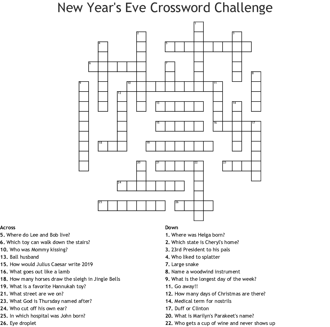 Printable New Years Eve Crossword Puzzle