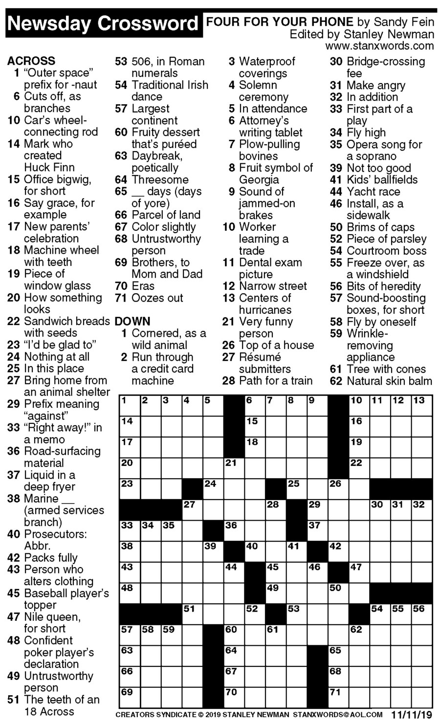 11 20 19 Crossword Puzzle Printable