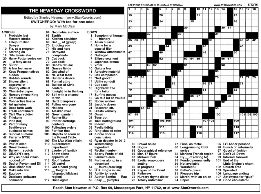 Newsday Crossword Sunday For Jun 12 2016 By Stanley