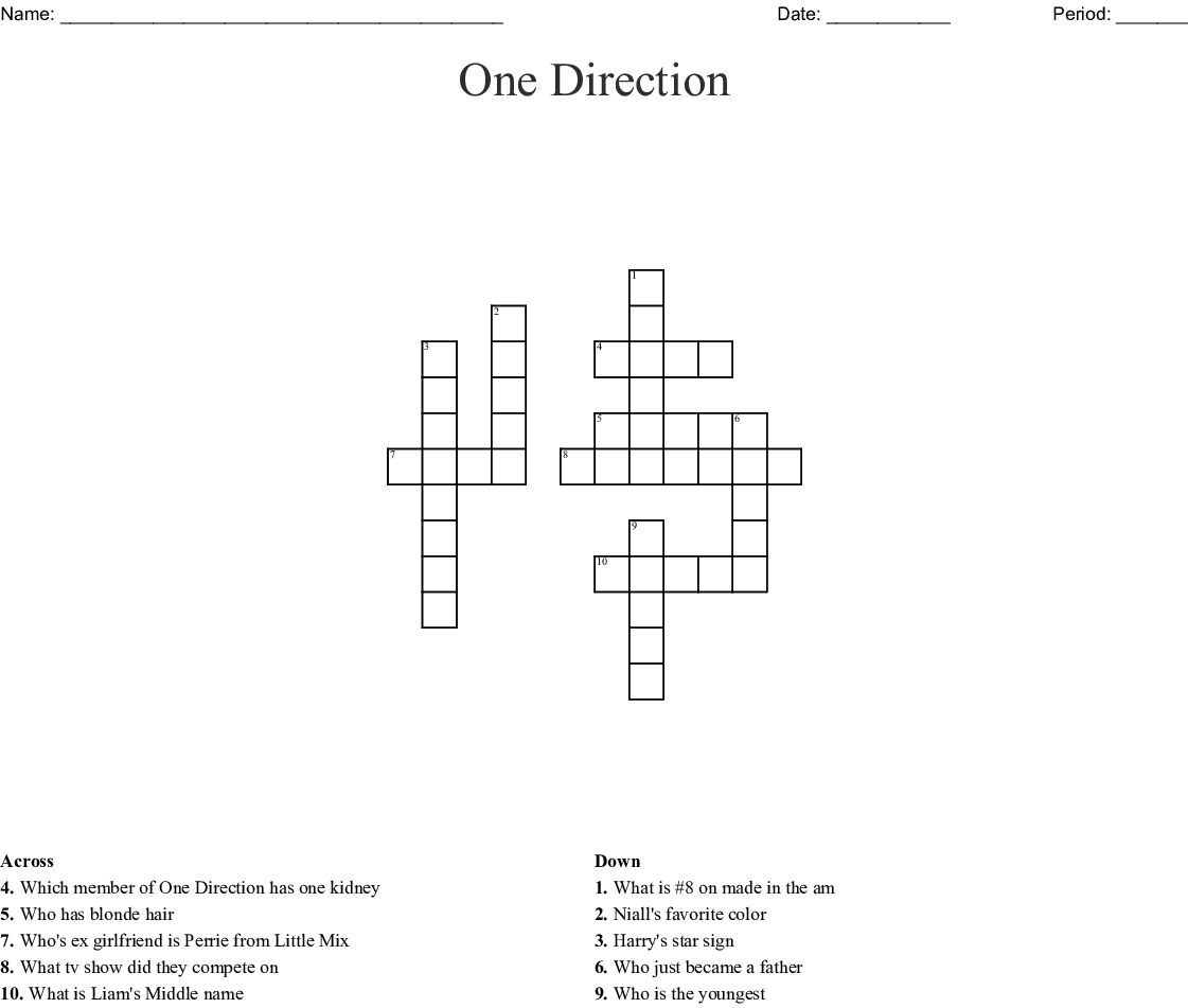 One Direction Crossword Puzzle Printable