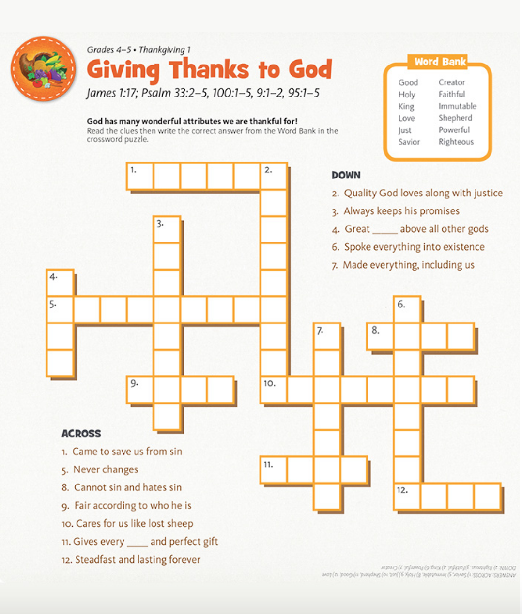 Free Sunday School Printable Thanksgiving Crossword Puzzles
