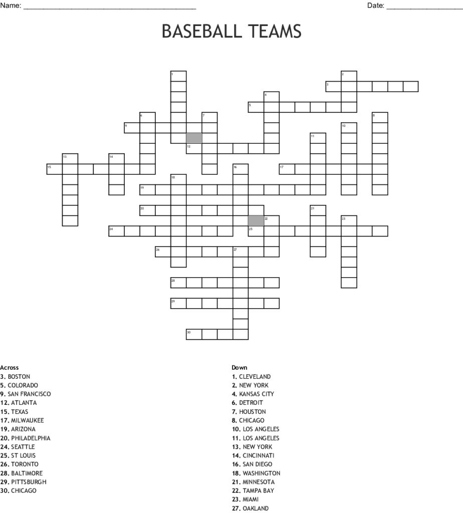 Printable Baseball Crossword Puzzles Printable Crossword