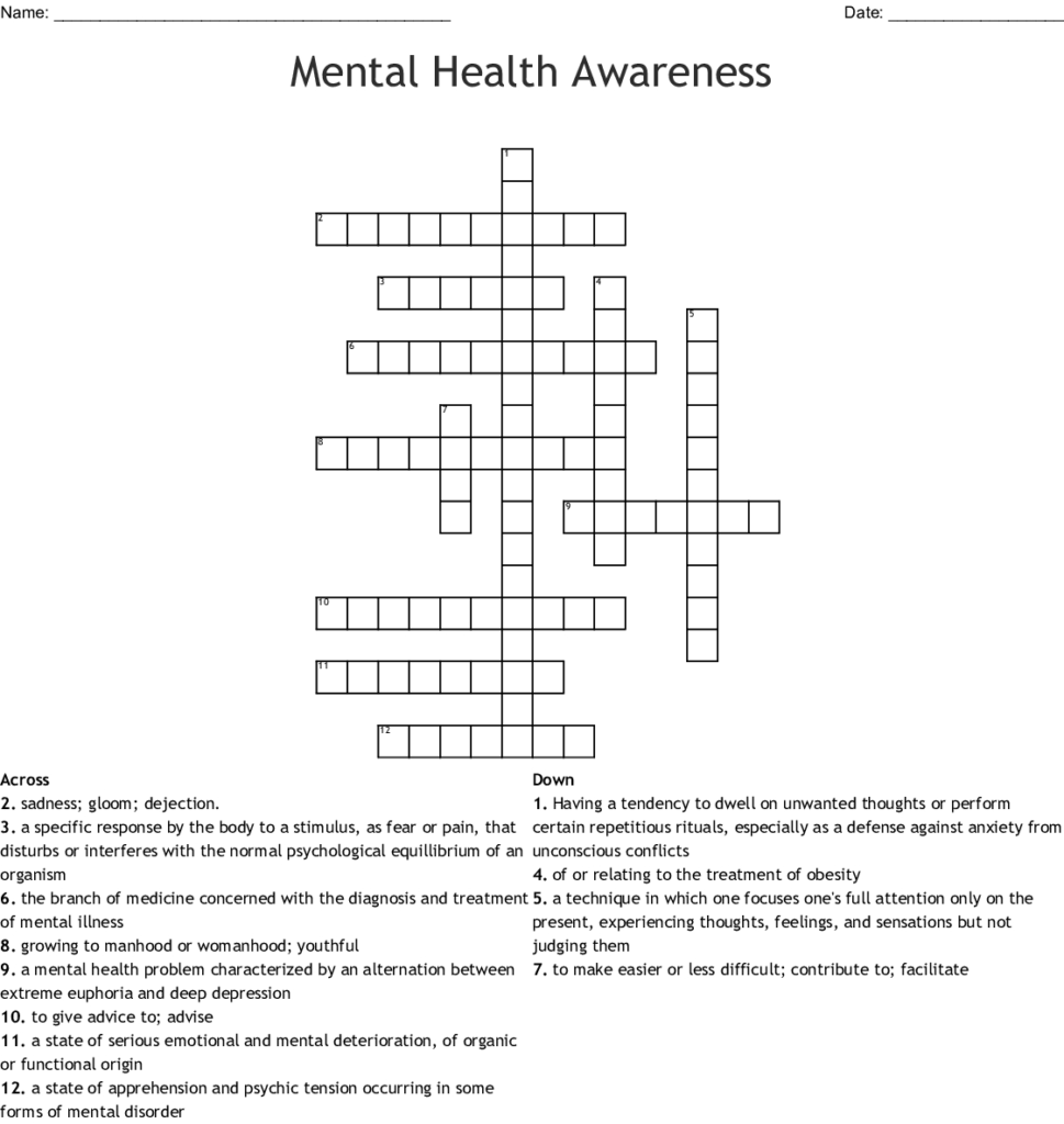 Printable Crossword Puzzles For Mental Health Printable