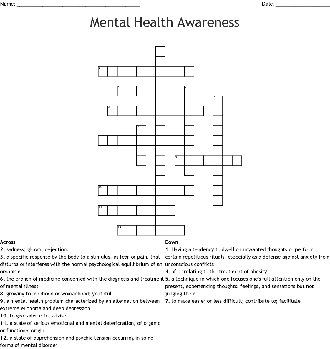 Printable Mental Health Crossword Puzzles