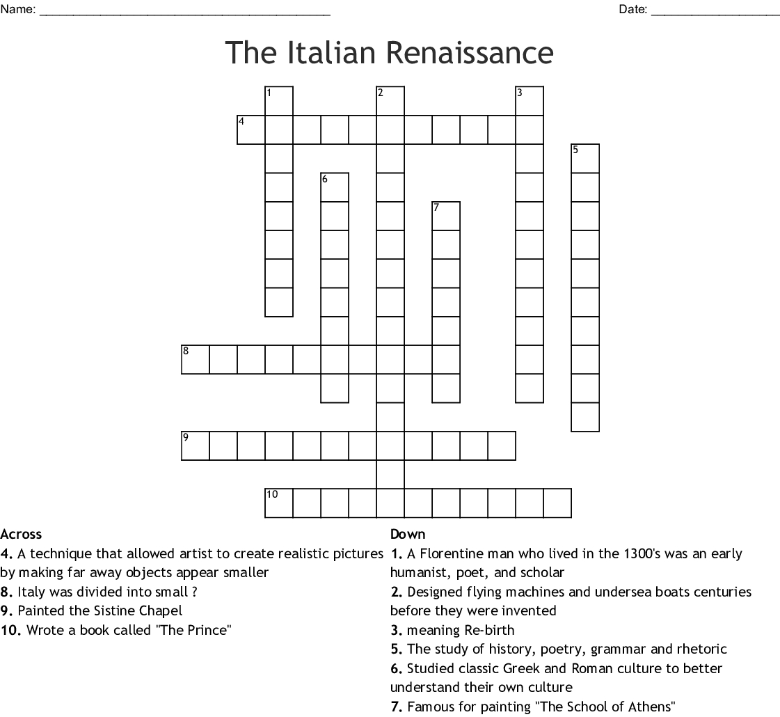 Crossword Puzzle Printable For Kids Renaissance