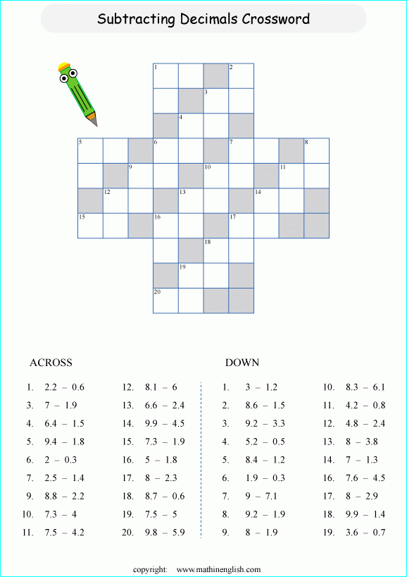 Printable Crossword Puzzle For Fractions