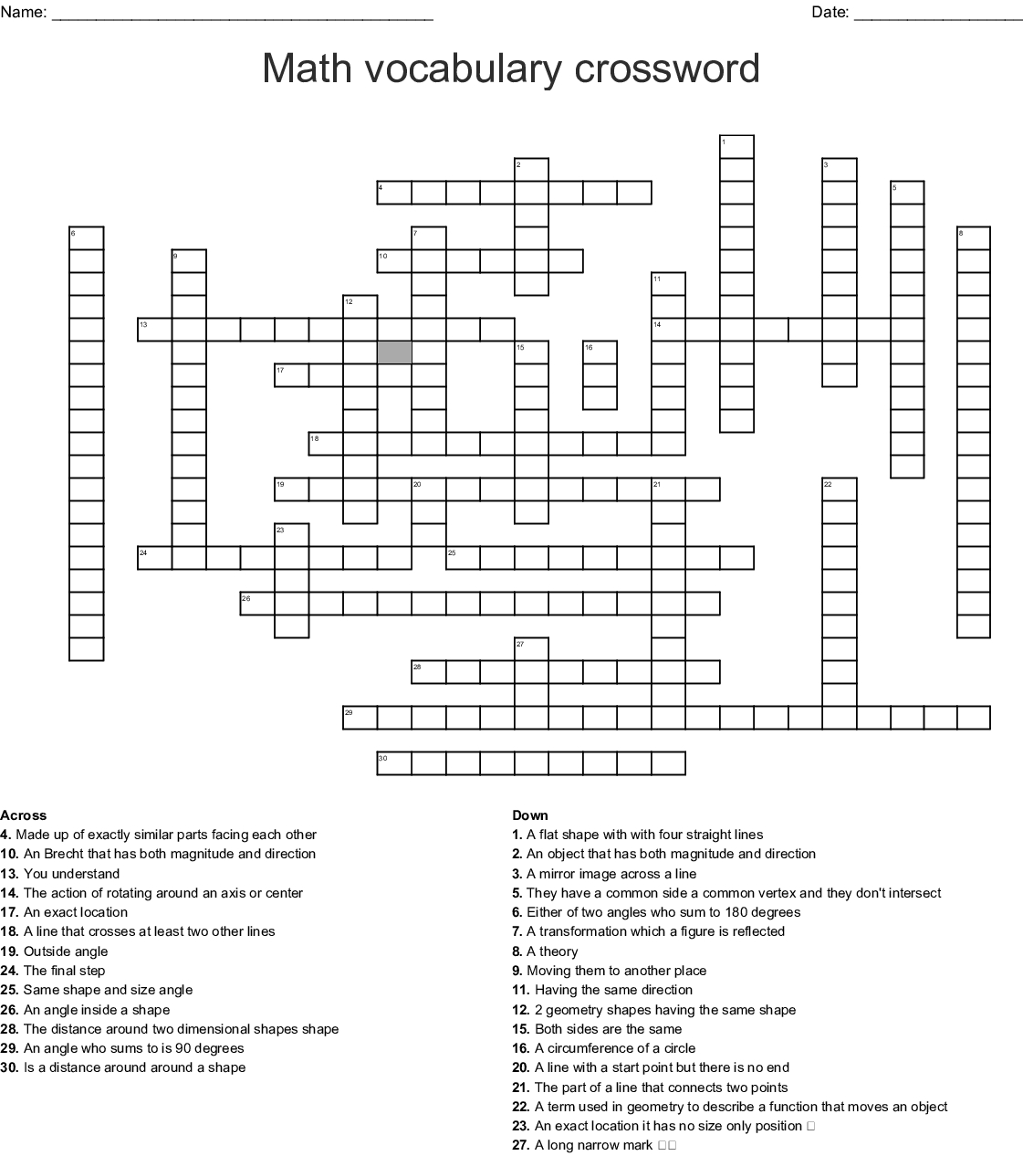 Crossword Puzzle Math Terms Printable