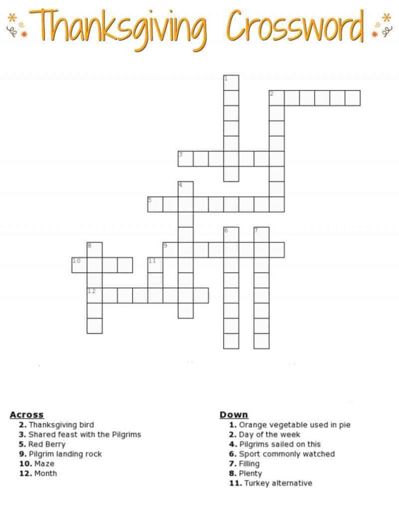 Printable Thanksgiving Crossword Puzzles For Adults