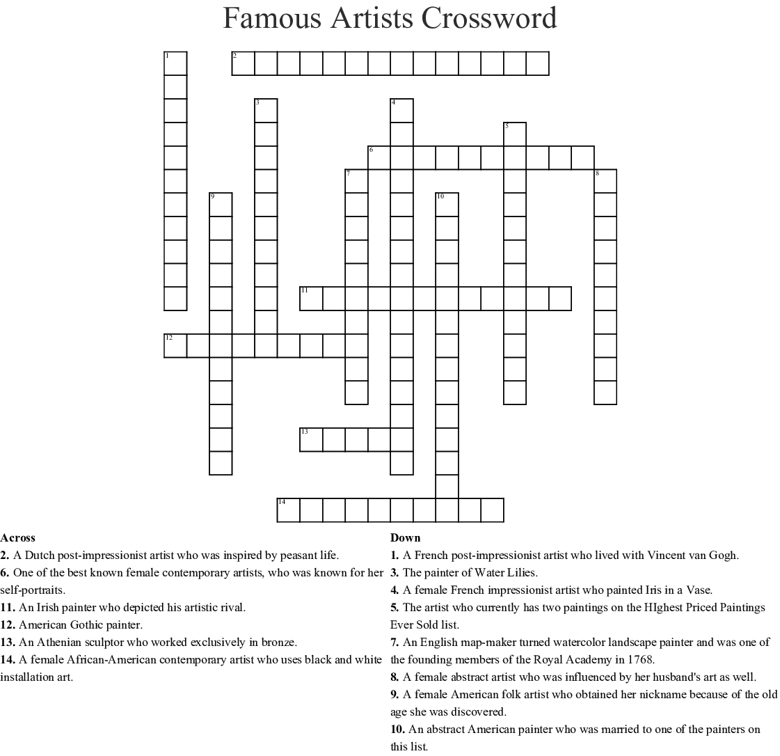 Printable Famous African American Musical Artist Crossword Puzzle