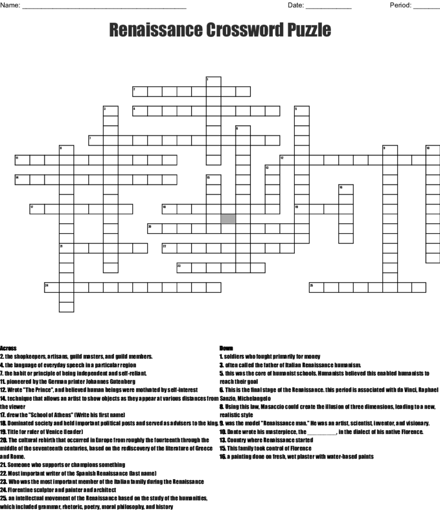 Renaissance Crossword Puzzle Printable Printable