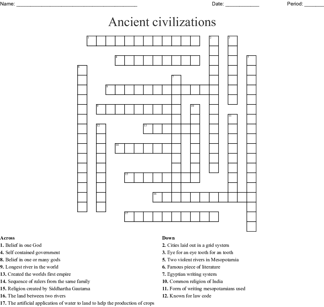 Ancient Civilizations Crossword Puzzles Free Printable
