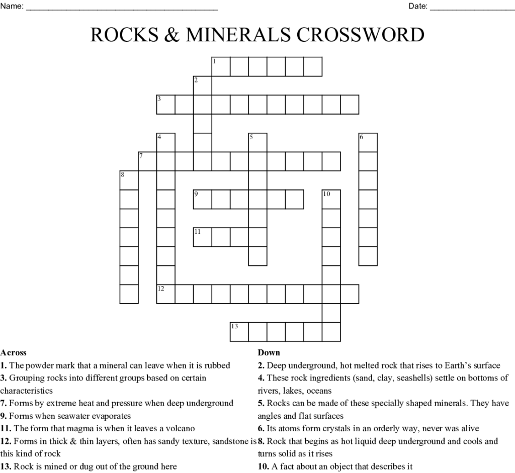 ROCKS MINERALS CROSSWORD WordMint