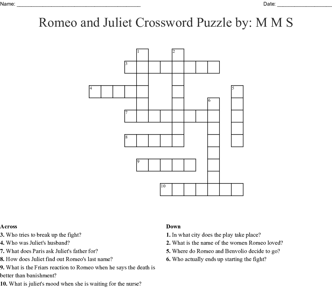 Romeo And Juliet Crossword Puzzles Printable