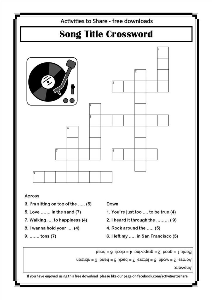 Song Title Crossword Songs Crossword Name That Tune