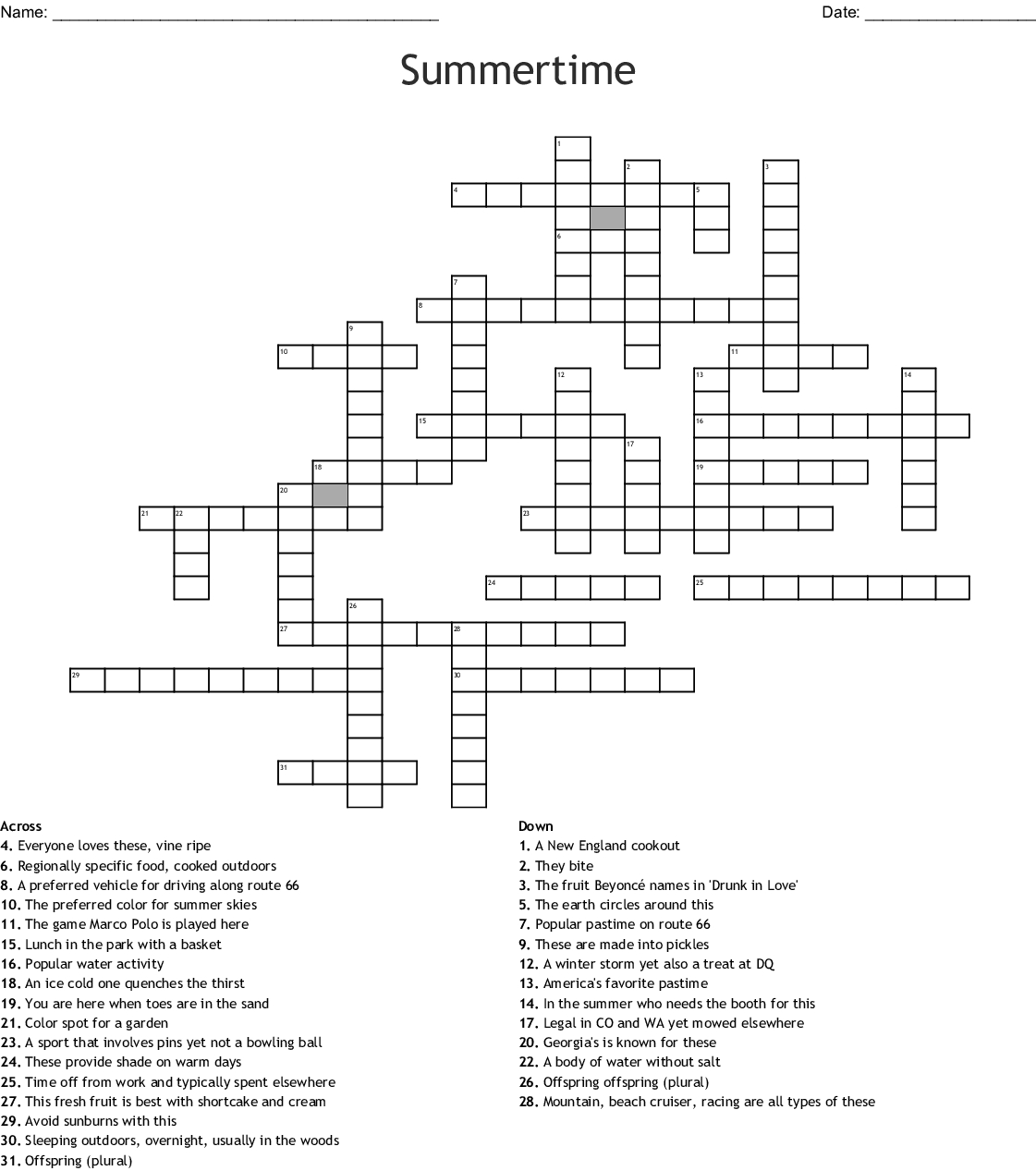 Easy Printable Summer Crossword Puzzles