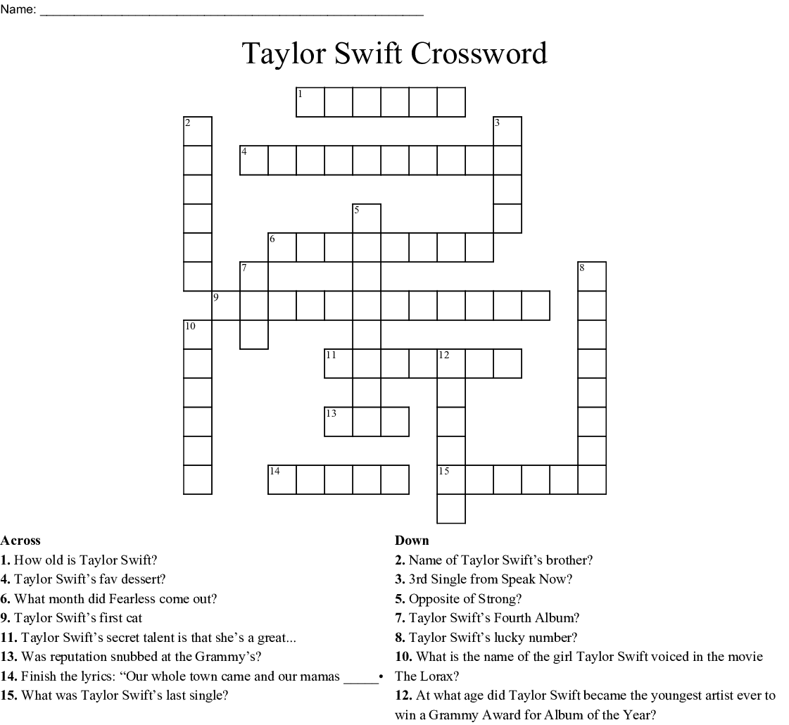 Printable Taylor Swift Crossword Puzzles