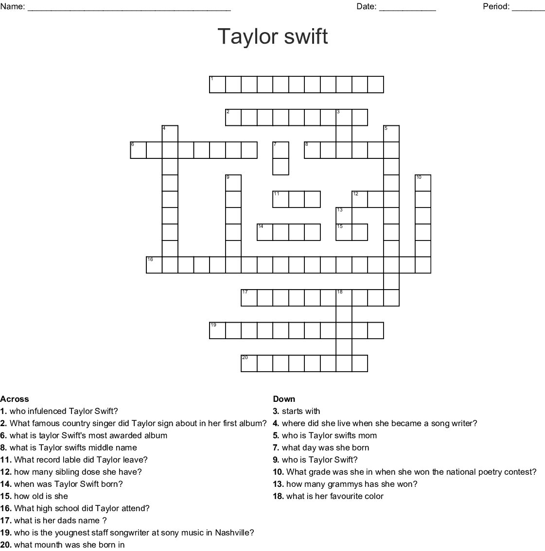Printable Taylor Swift Crossword Puzzles