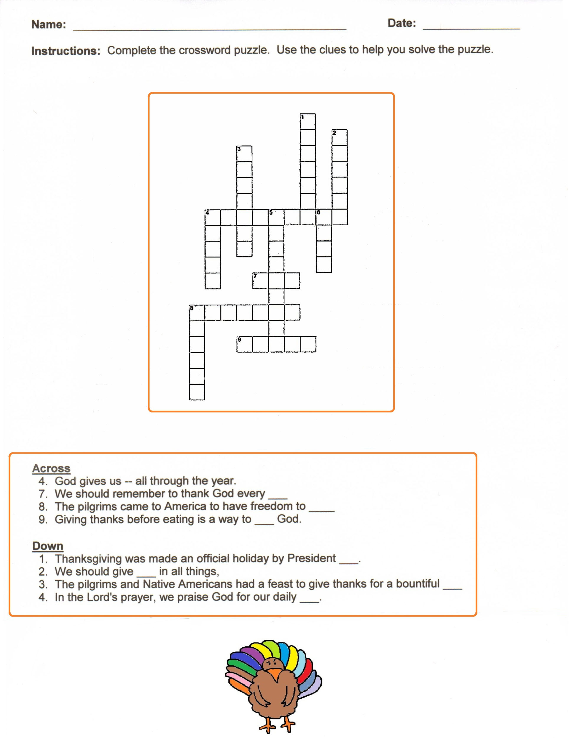 Free Sunday School Printable Thanksgiving Crossword Puzzles