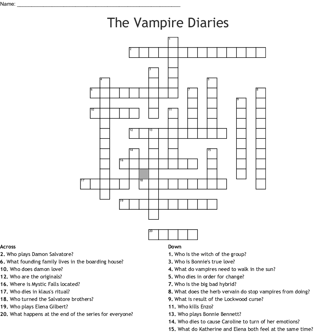 Vampire Diaries Crossword Puzzles Printable