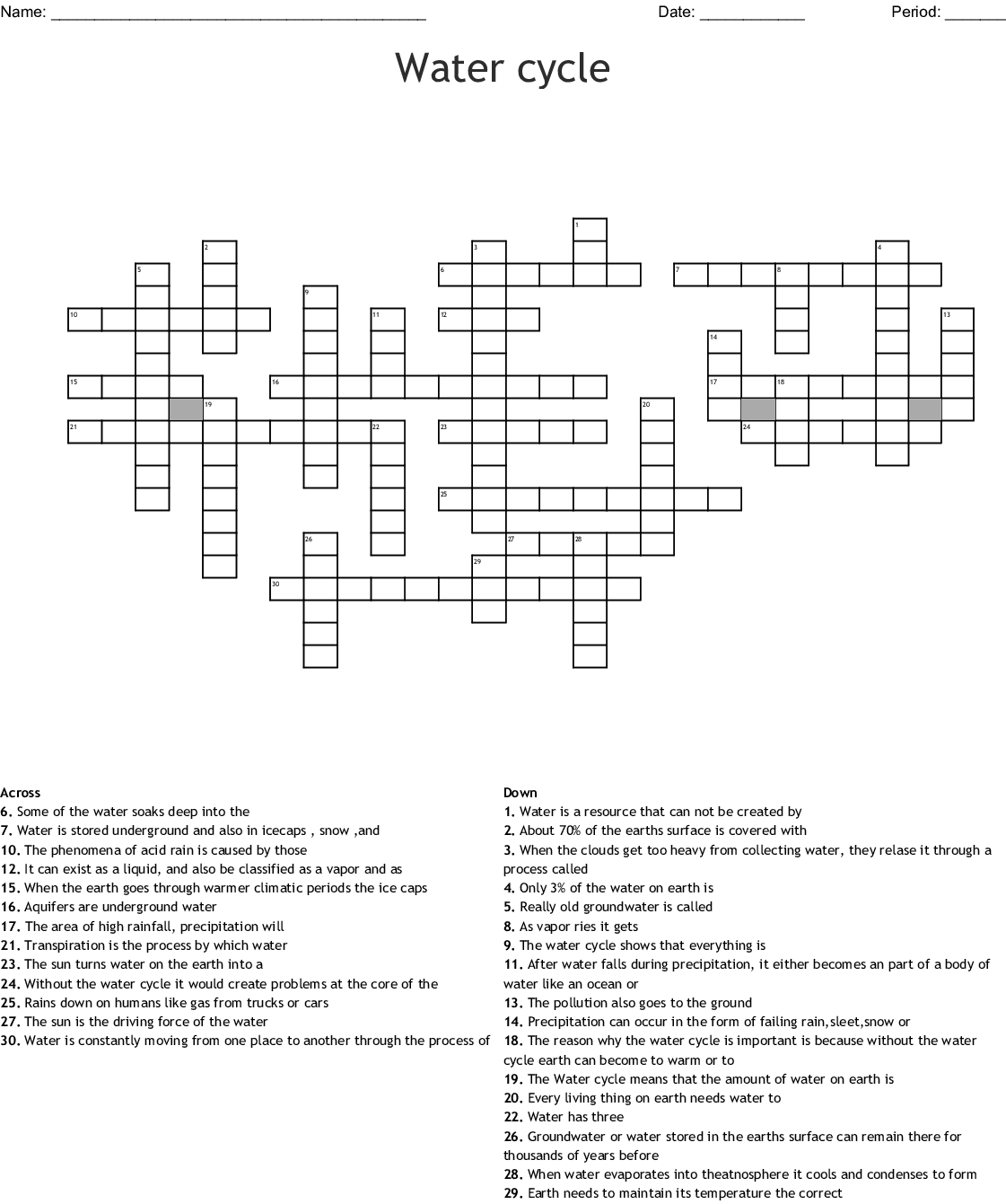 Water Cycle Crossword Puzzle Printable
