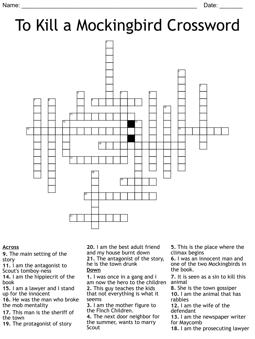 To Kill A Mockingbird Crossword Puzzle Printable