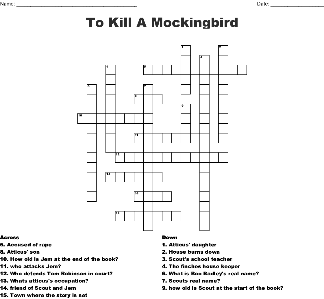 To Kill A Mockingbird Crossword Puzzle Printable