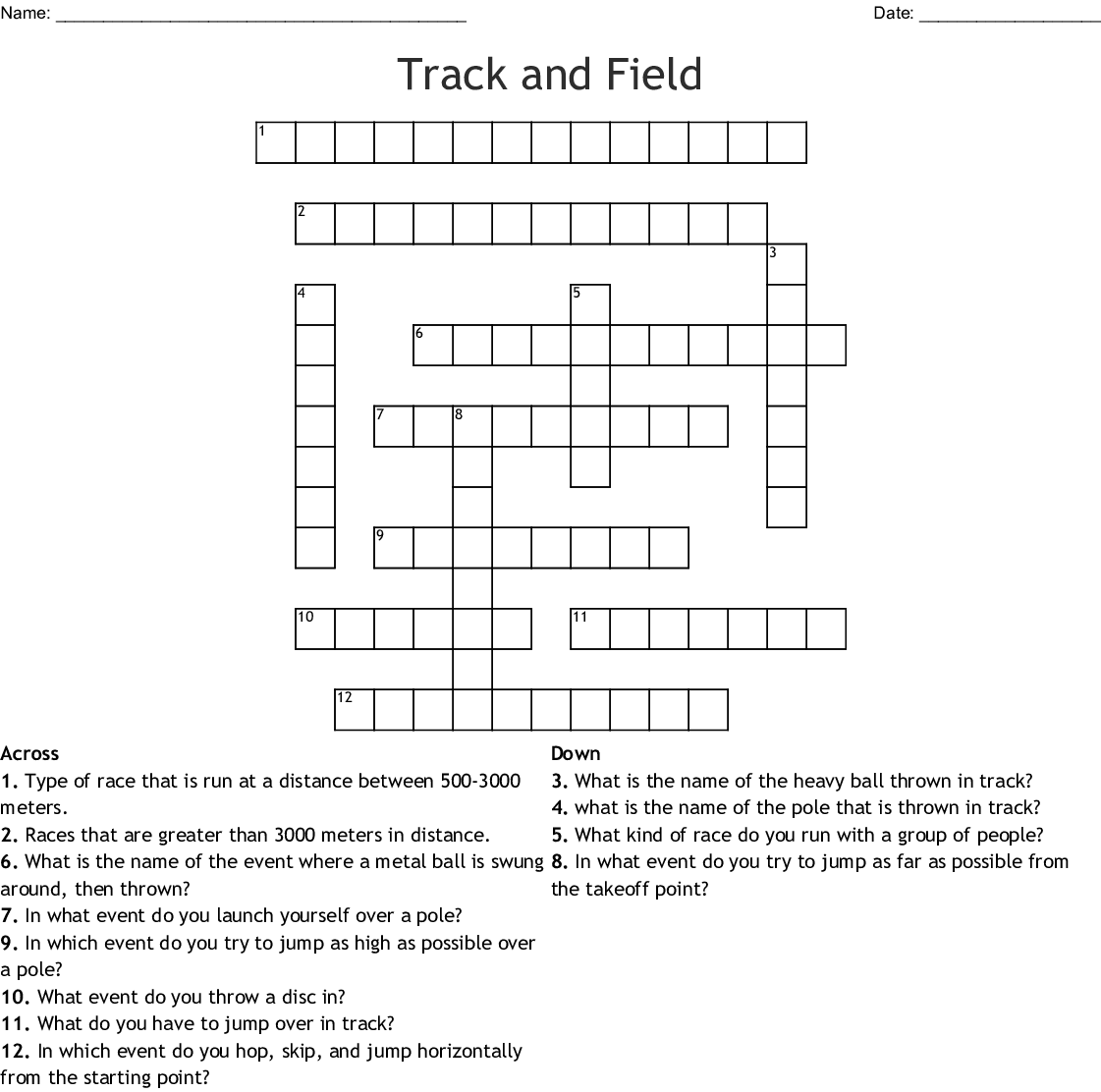 Track And Field Crossword Puzzles Printable