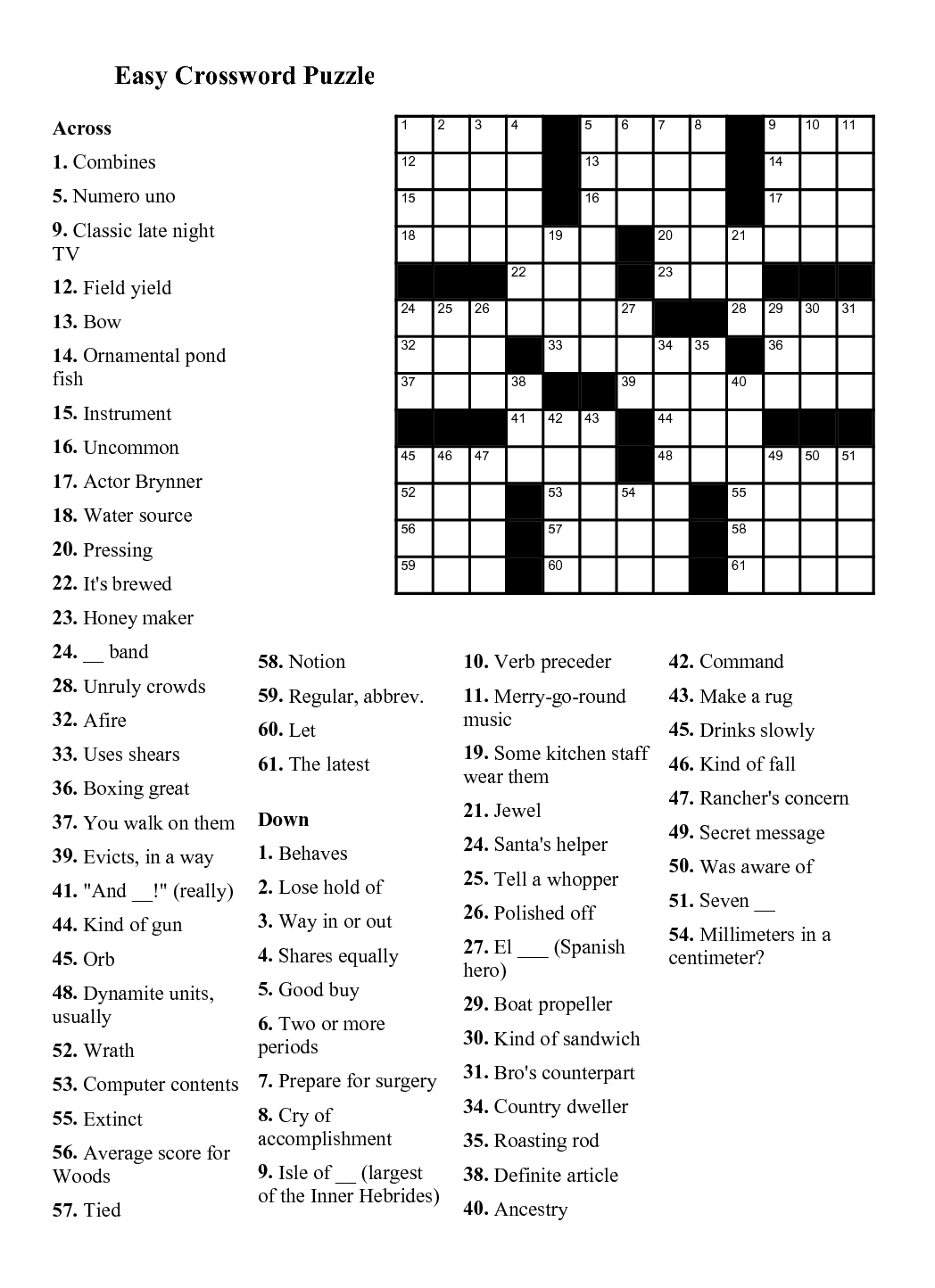 Easy Crossword Puzzles Printable Daily