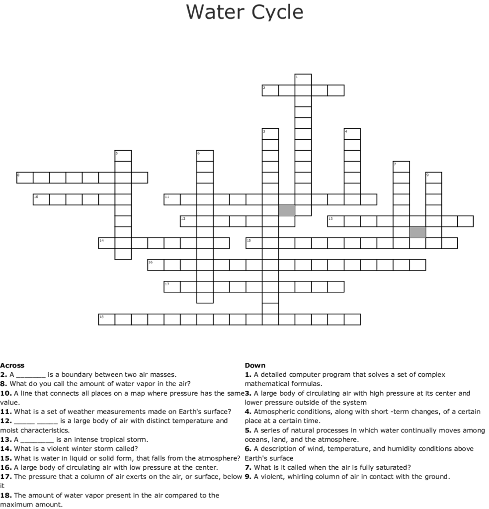 Water Cycle Crossword WordMint