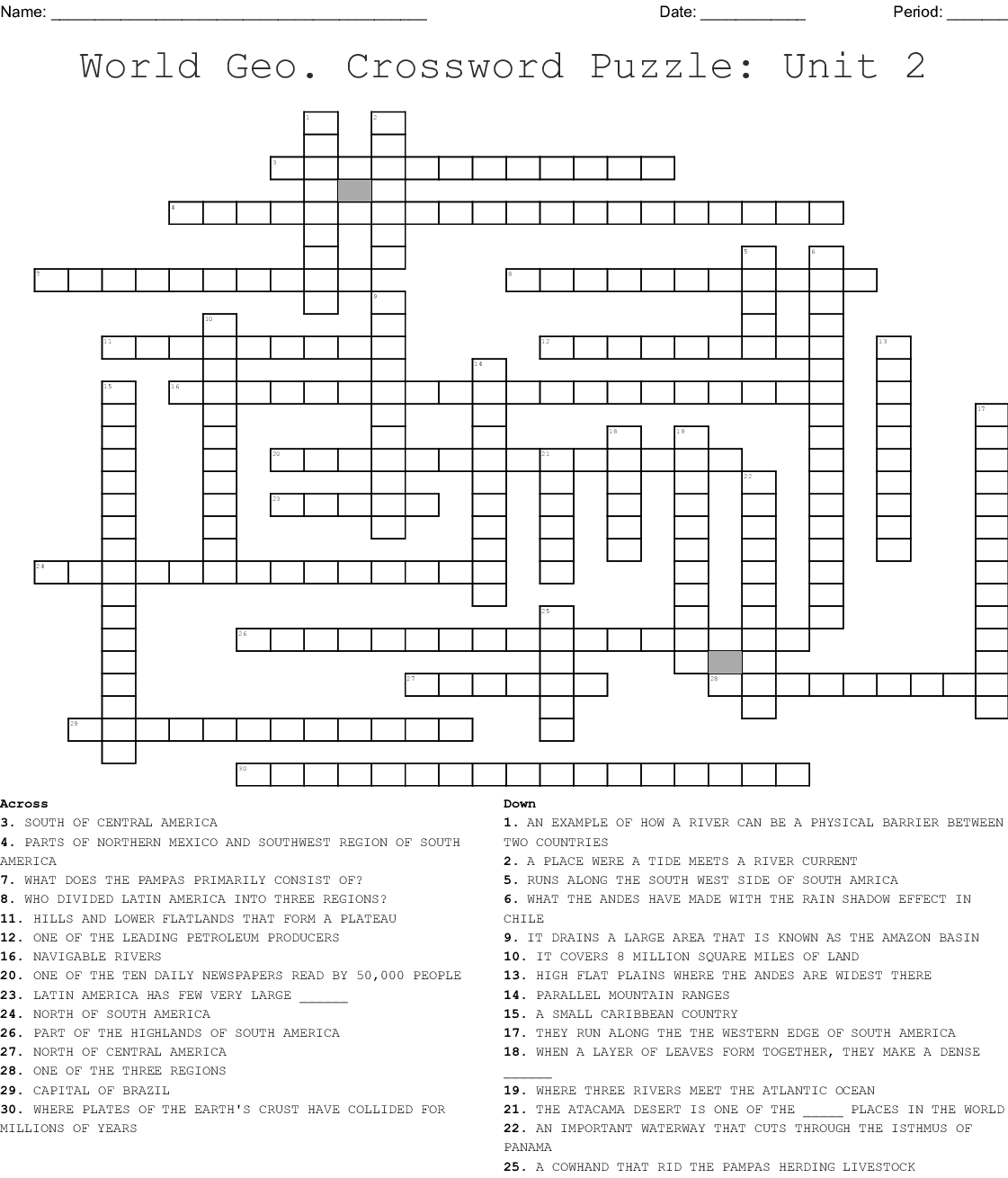 World Geography Crossword Puzzle Printable